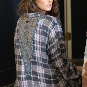 Plus Plaid Button Up with Lace Detail